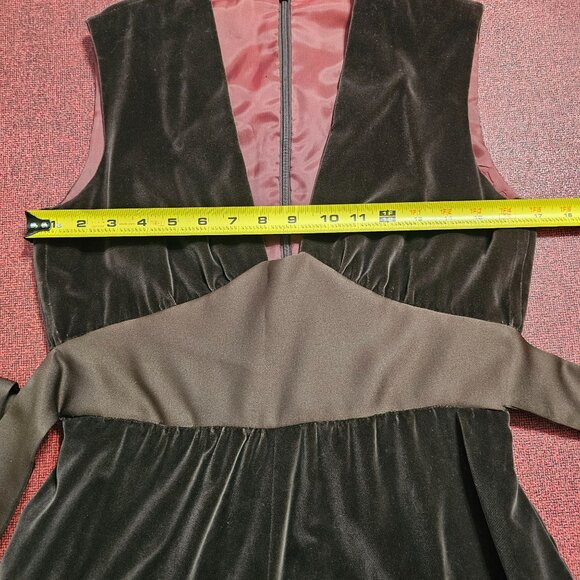 Vintage Brown Velvet Babydoll Maxi Dress 8 Plunge Neckline Sash Tie Hand Sewn - Picture 7 of 9